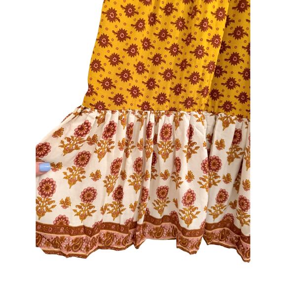 Baevely Large MUSTARD PATTERN TIE BACK MINI DRESS Boho Cottage Bohemian Sexy L - Picture 7 of 8